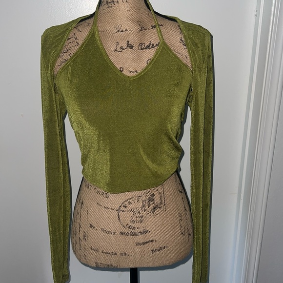 Thee Virtual Experience Tops - Metallic Green Cut Out Crop Top